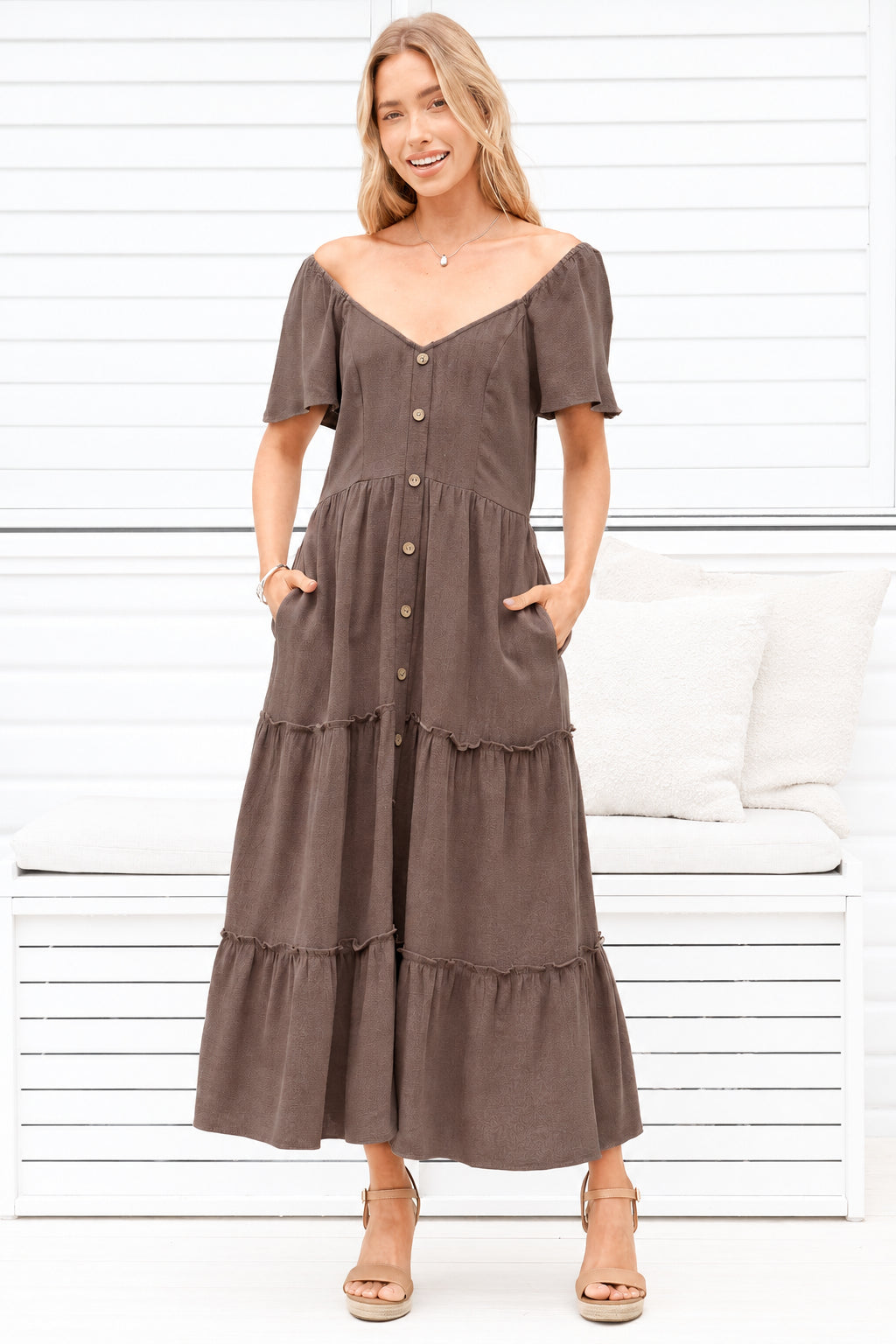 Model wearing Karina Midi Dress in Brown from Salty Crush