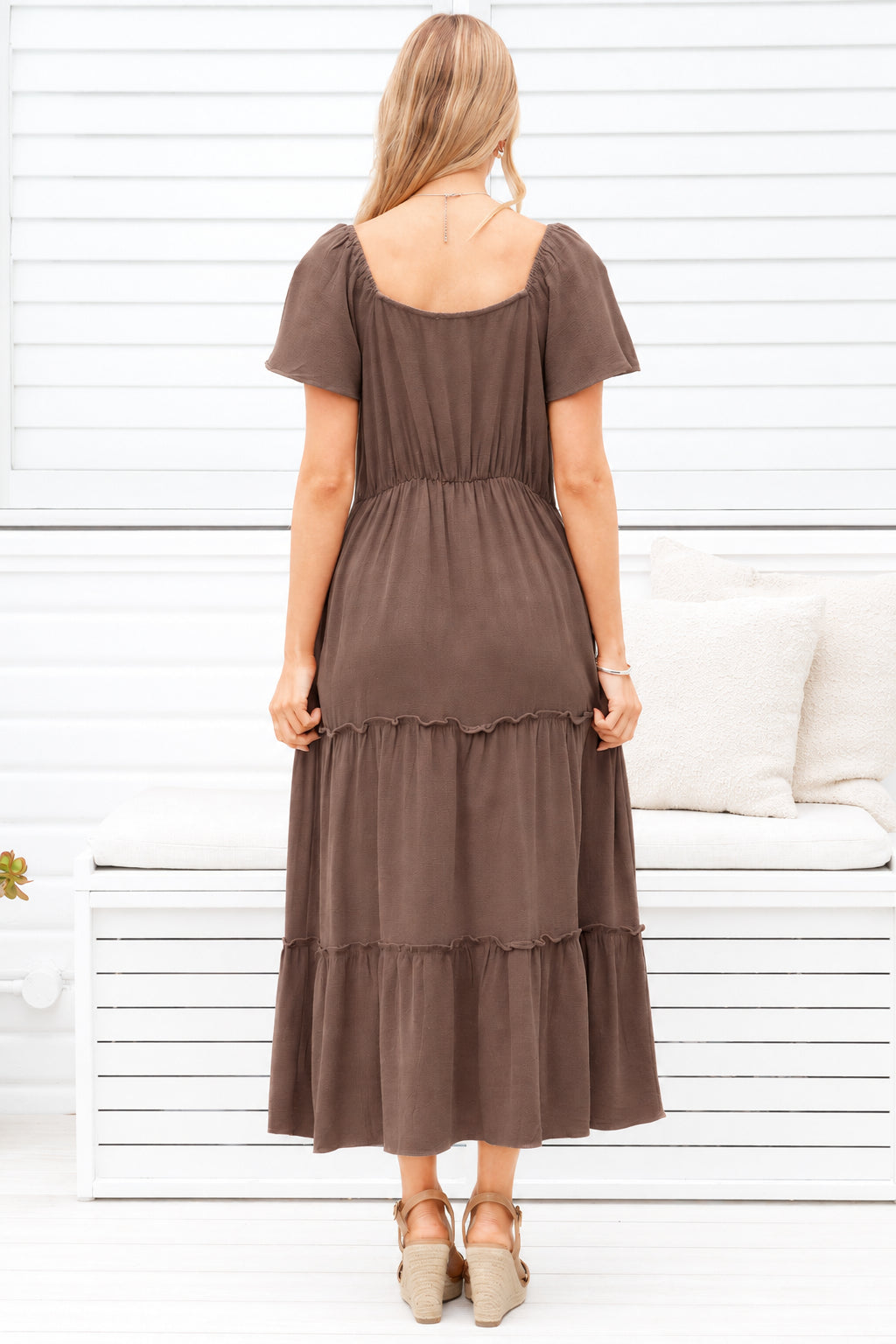 Model wearing Karina Midi Dress in Brown from Salty Crush