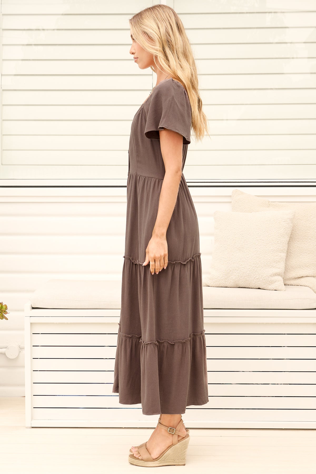 Model wearing Karina Midi Dress in Brown from Salty Crush