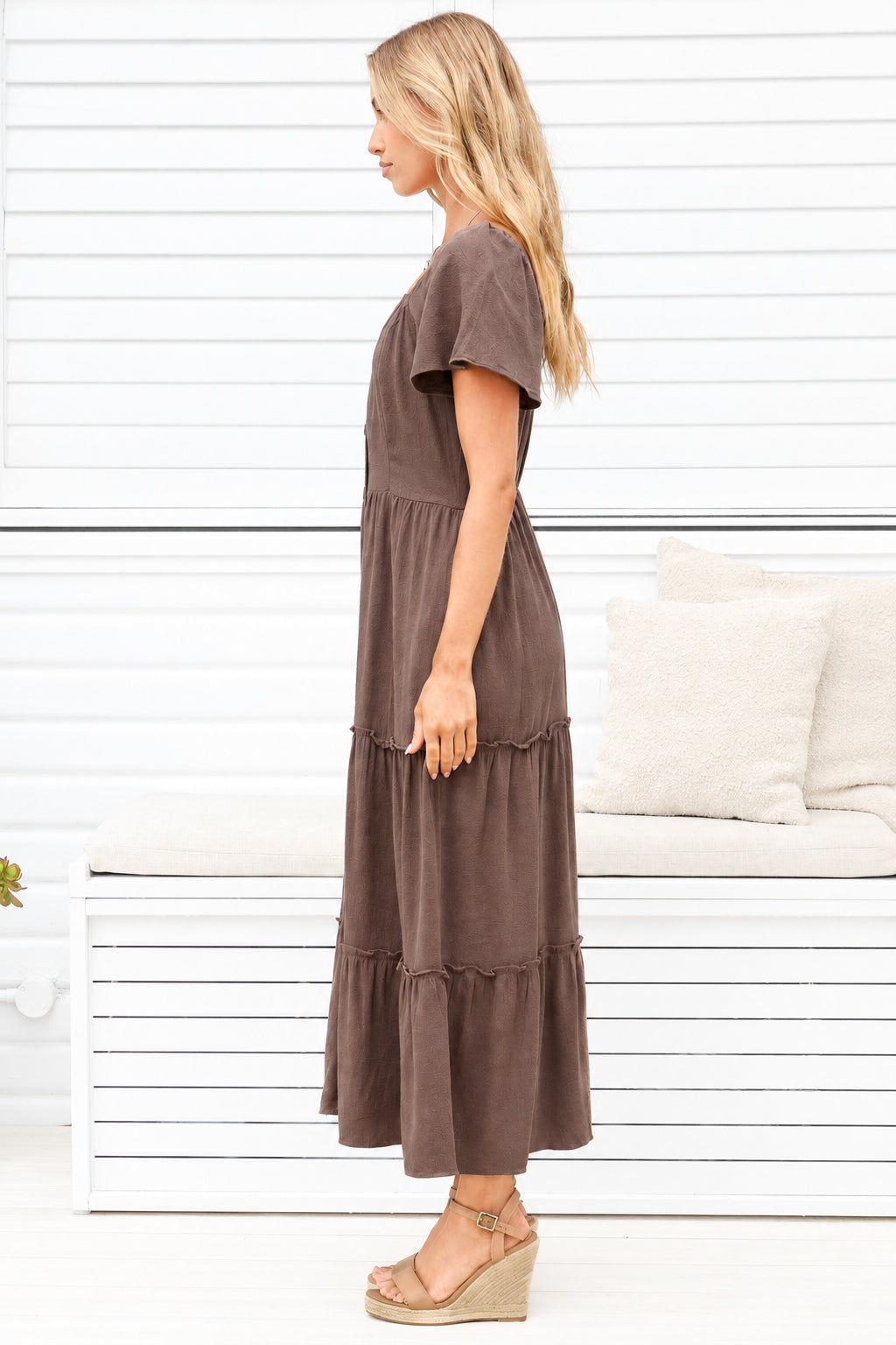 Model wearing Karina Midi Dress in Brown from Salty Crush