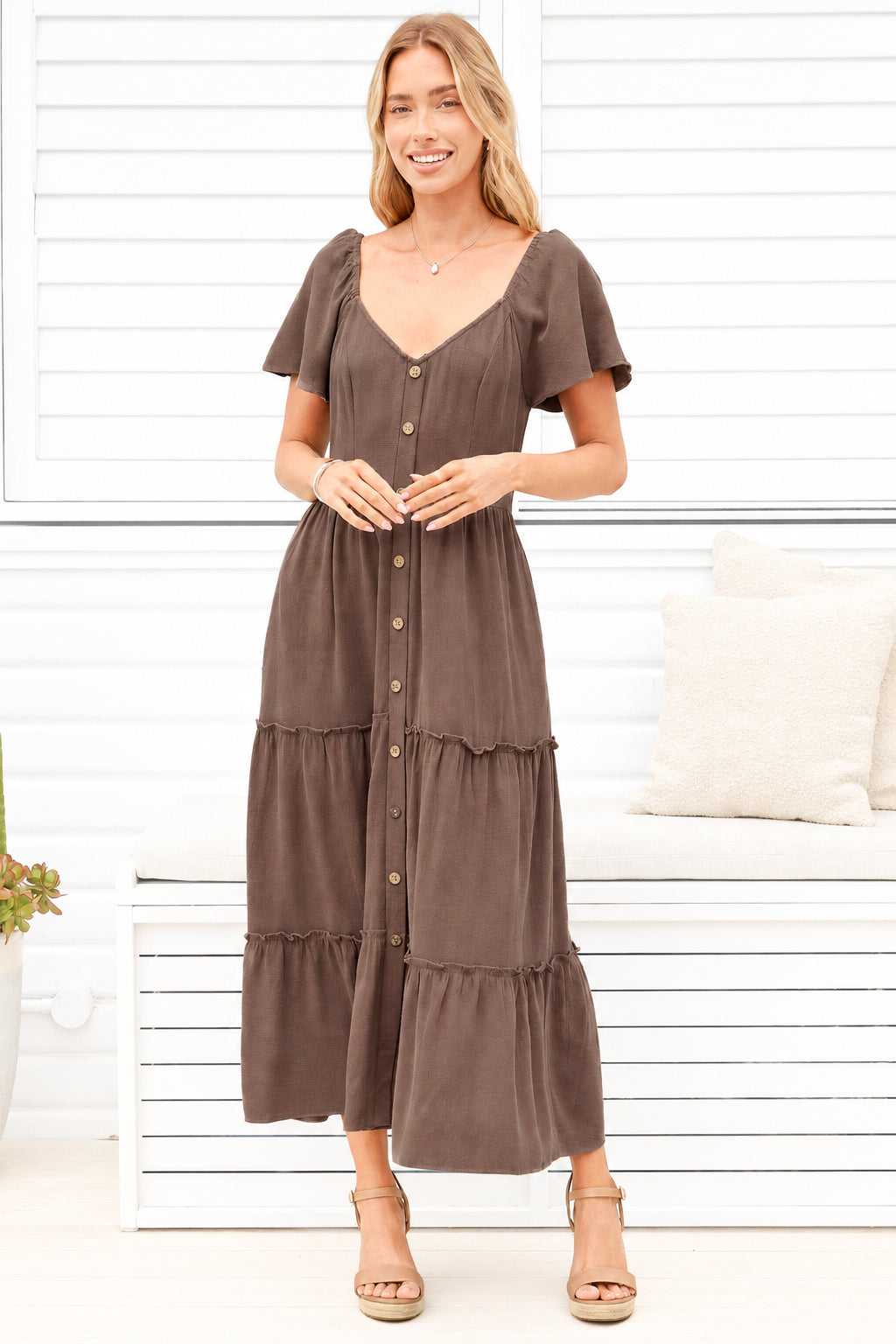 Model wearing Karina Midi Dress in Brown from Salty Crush