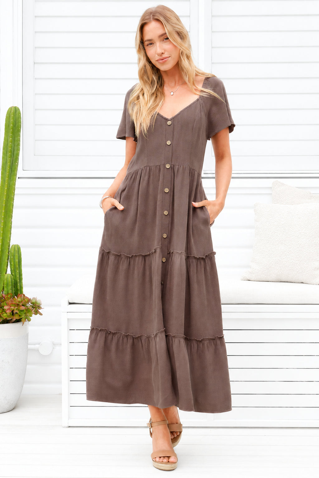 Model wearing Karina Midi Dress in Brown from Salty Crush