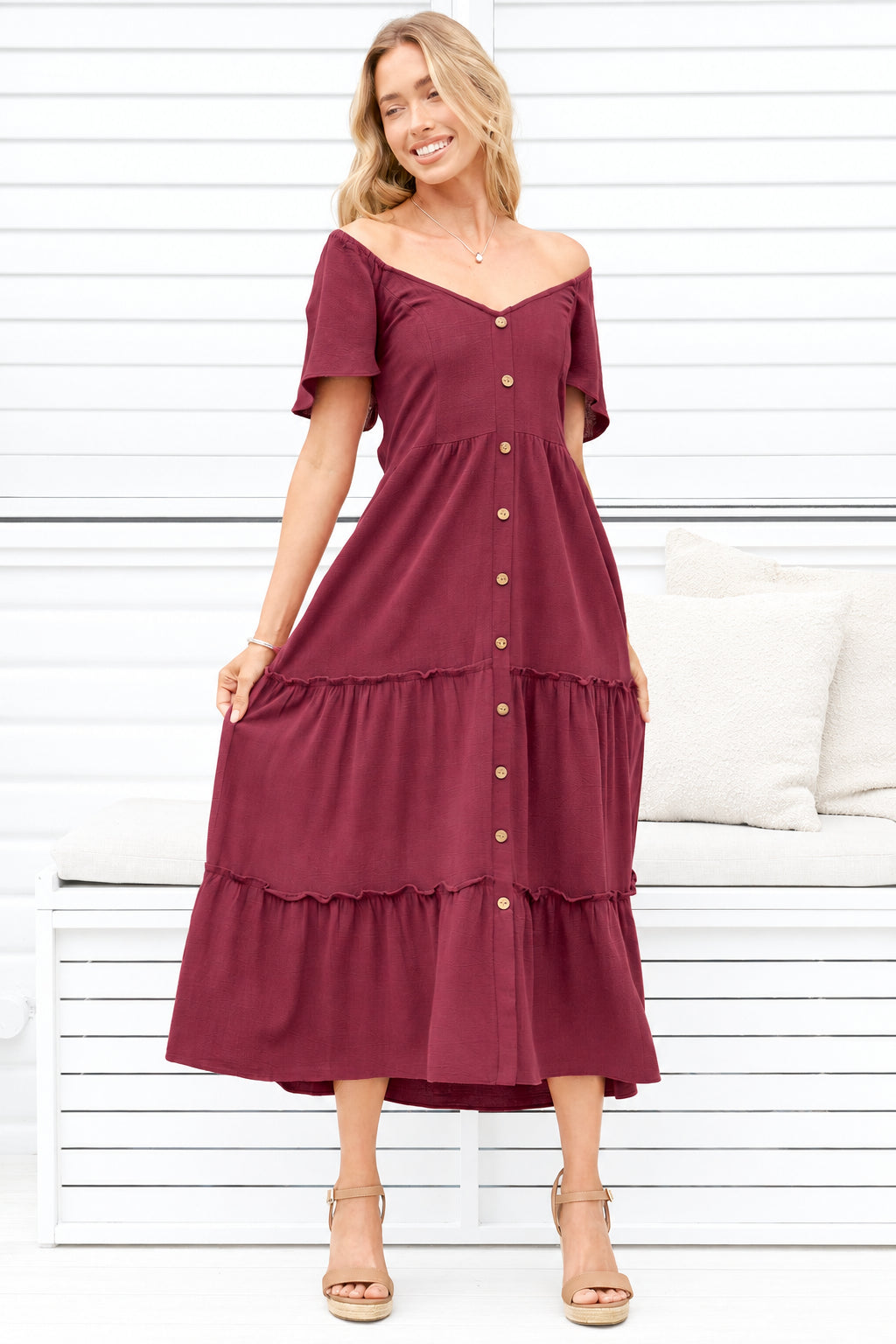 Model wearing Karina Midi Dress in Wine from Salty Crush