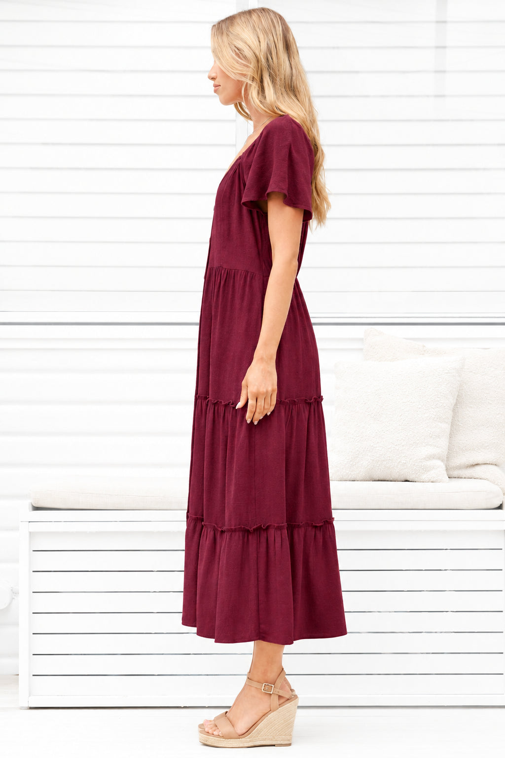 Model wearing Karina Midi Dress in Wine from Salty Crush