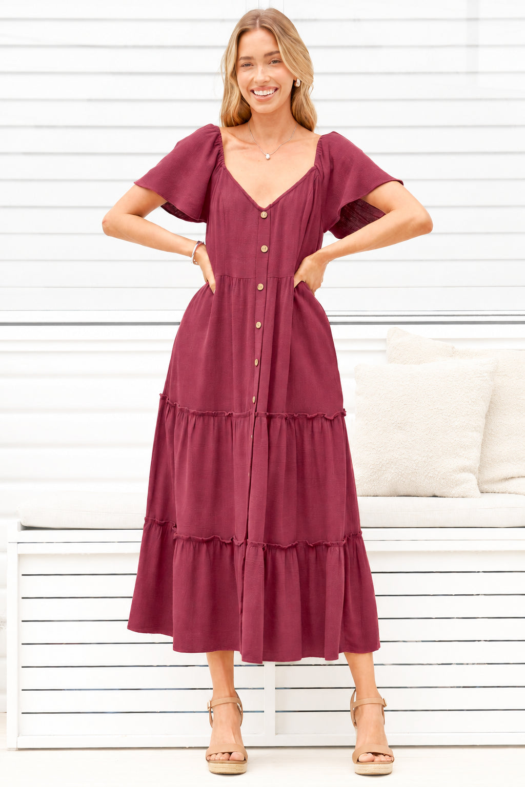 Model wearing Karina Midi Dress in Wine from Salty Crush