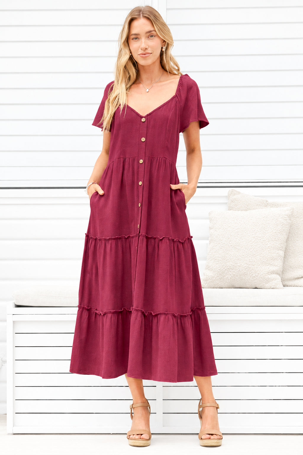Model wearing Karina Midi Dress in Wine from Salty Crush