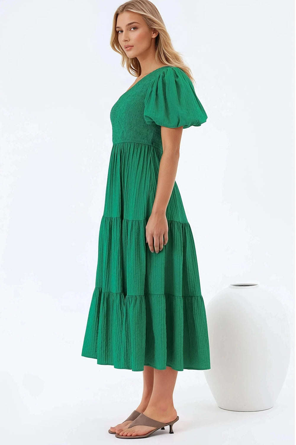 Karoline Midi Dress - One Shoulder Puffy Sleeve Tiered Dress in Green