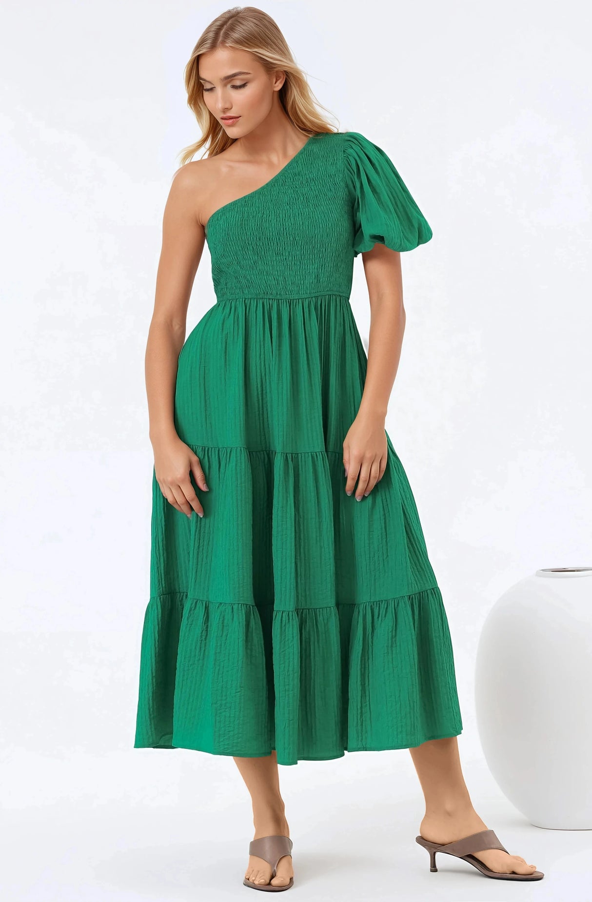 Karoline Midi Dress - One Shoulder Puffy Sleeve Tiered Dress in Green