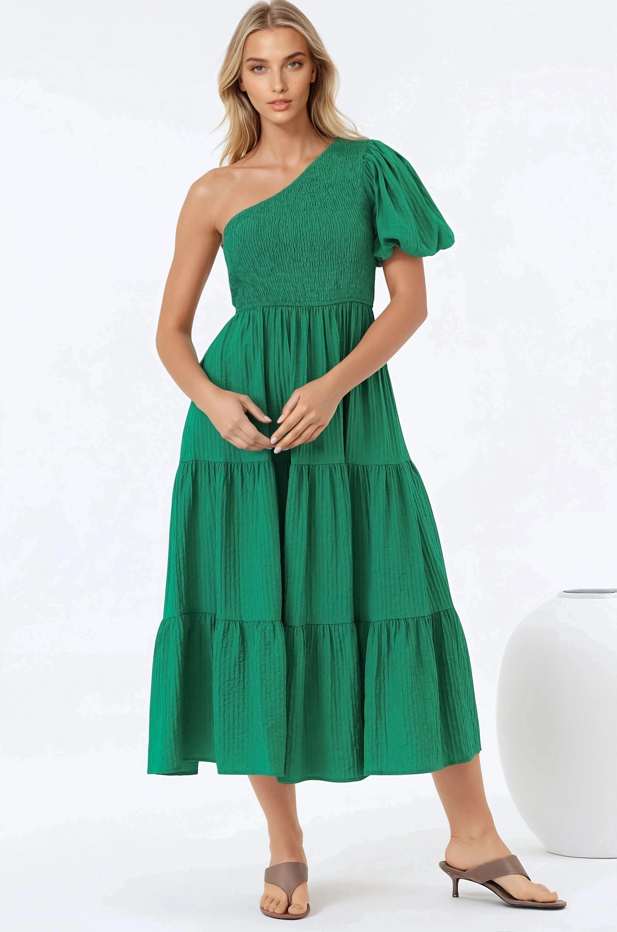 Karoline Midi Dress - One Shoulder Puffy Sleeve Tiered Dress in Green