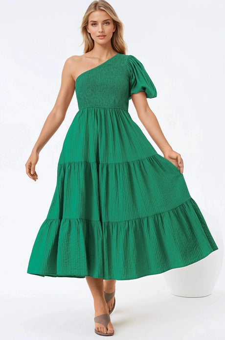 Karoline Midi Dress - One Shoulder Puffy Sleeve Tiered Dress in Green