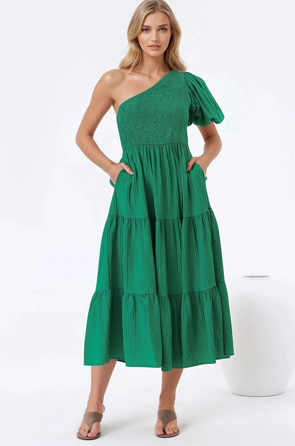 Karoline Midi Dress - One Shoulder Puffy Sleeve Tiered Dress in Green