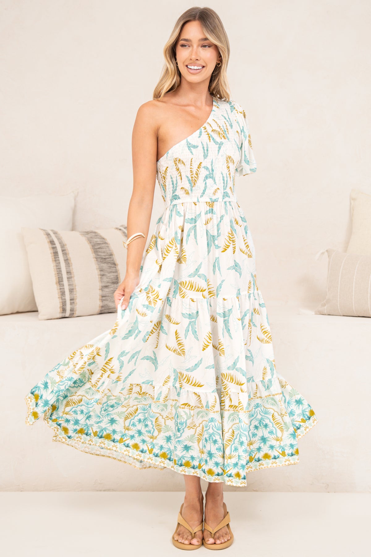 Karoline Midi Dress - One Shoulder Puffy Sleeve Tiered Dress in Passiona Print
