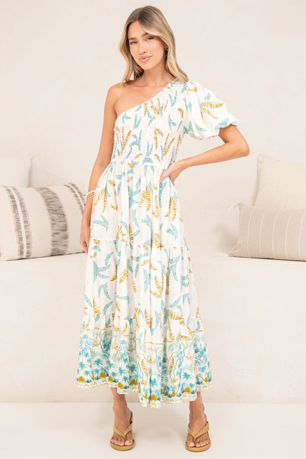 Karoline Midi Dress - One Shoulder Puffy Sleeve Tiered Dress in Passiona Print