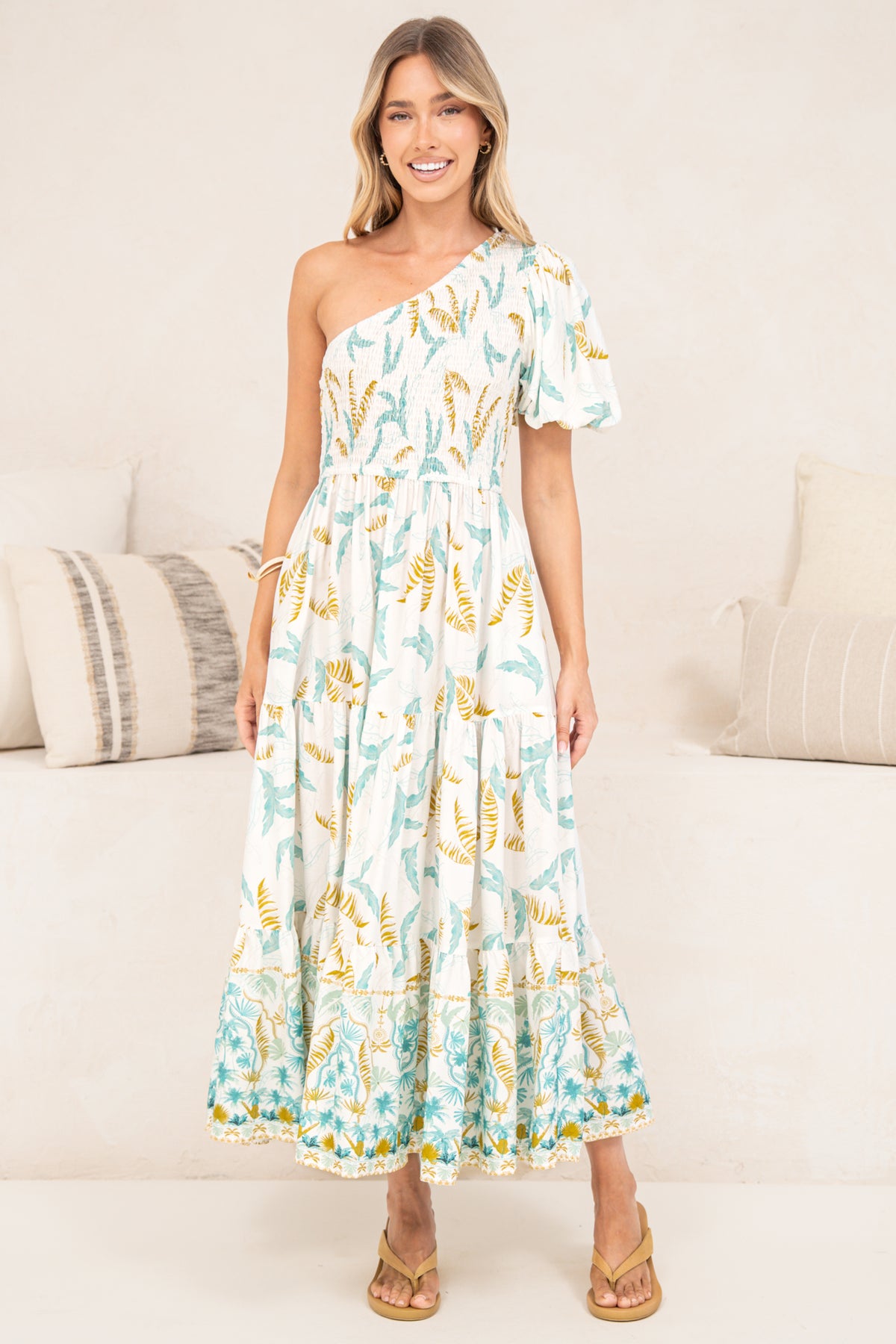 Karoline Midi Dress - One Shoulder Puffy Sleeve Tiered Dress in Passiona Print