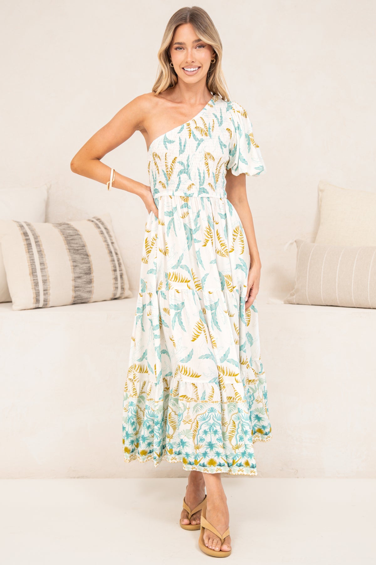 Karoline Midi Dress - One Shoulder Puffy Sleeve Tiered Dress in Passiona Print