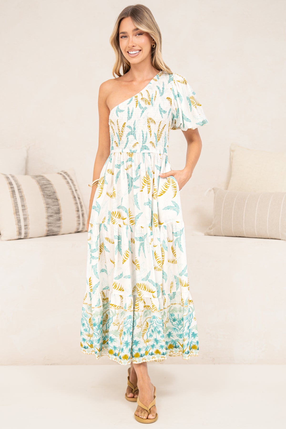 Karoline Midi Dress - One Shoulder Puffy Sleeve Tiered Dress in Passiona Print