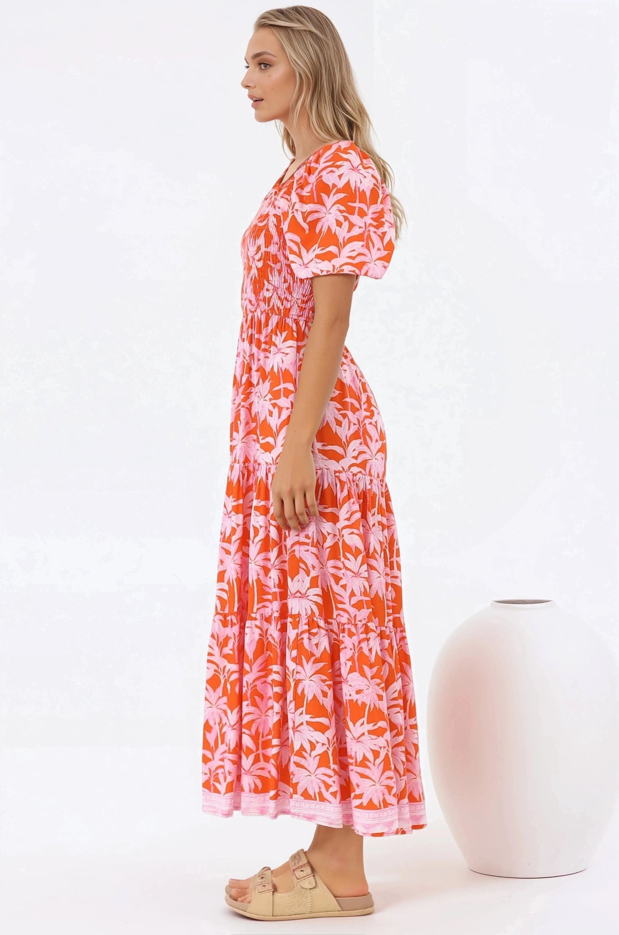Karrigan Maxi Dress - Elasticated Bodice Short Billow Sleeve Dress in Jillia Print