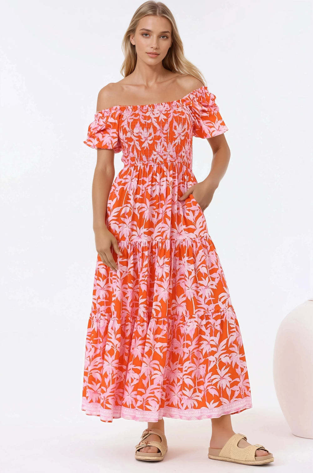 Karrigan Maxi Dress - Elasticated Bodice Short Billow Sleeve Dress in Jillia Print
