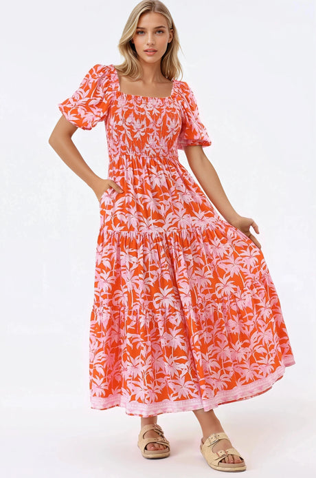 Karrigan Maxi Dress - Elasticated Bodice Short Billow Sleeve Dress in Jillia Print