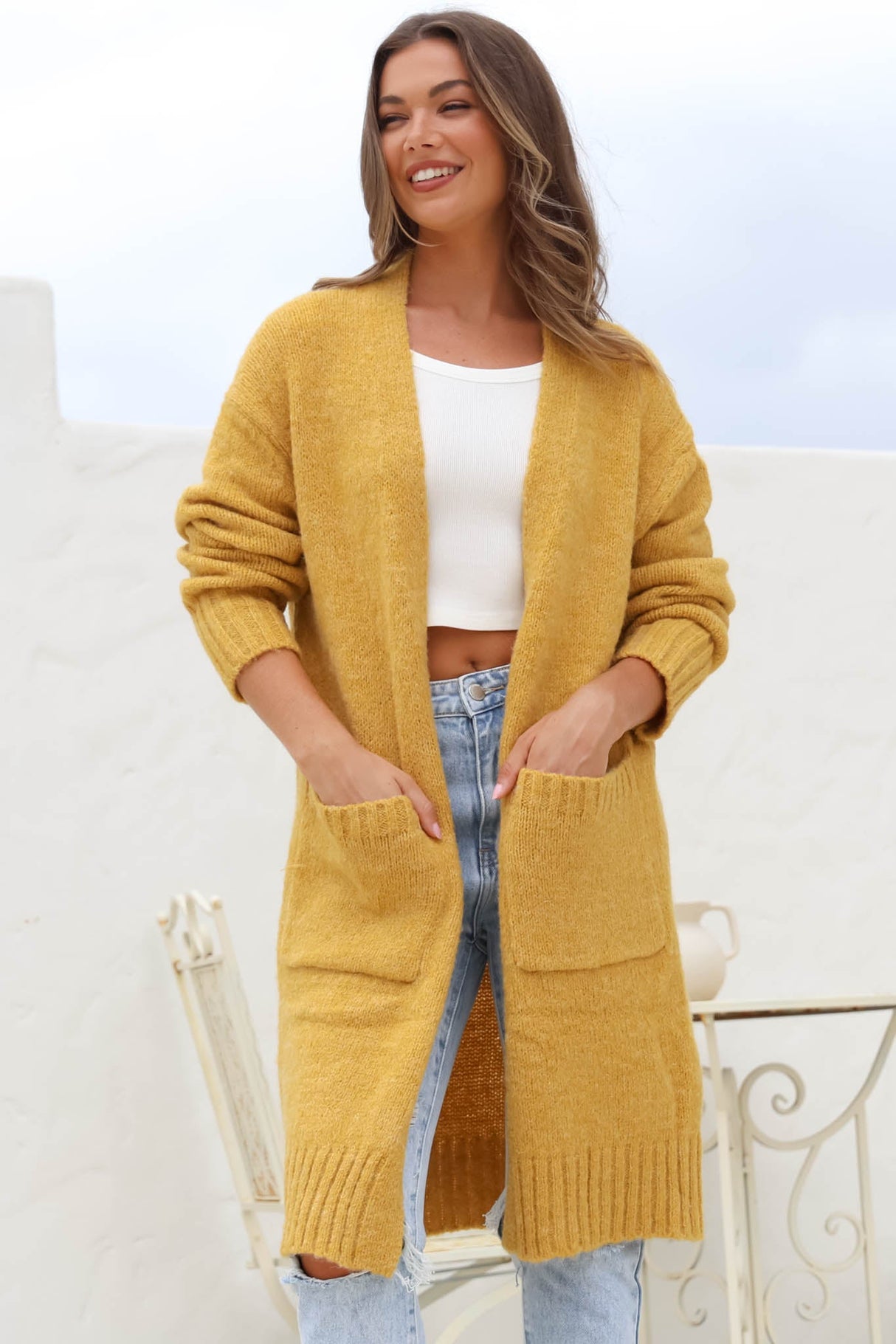 Kartika Cardigan - Long Ribbed Cuff and Hem Cardigan with Pockets in Mustard