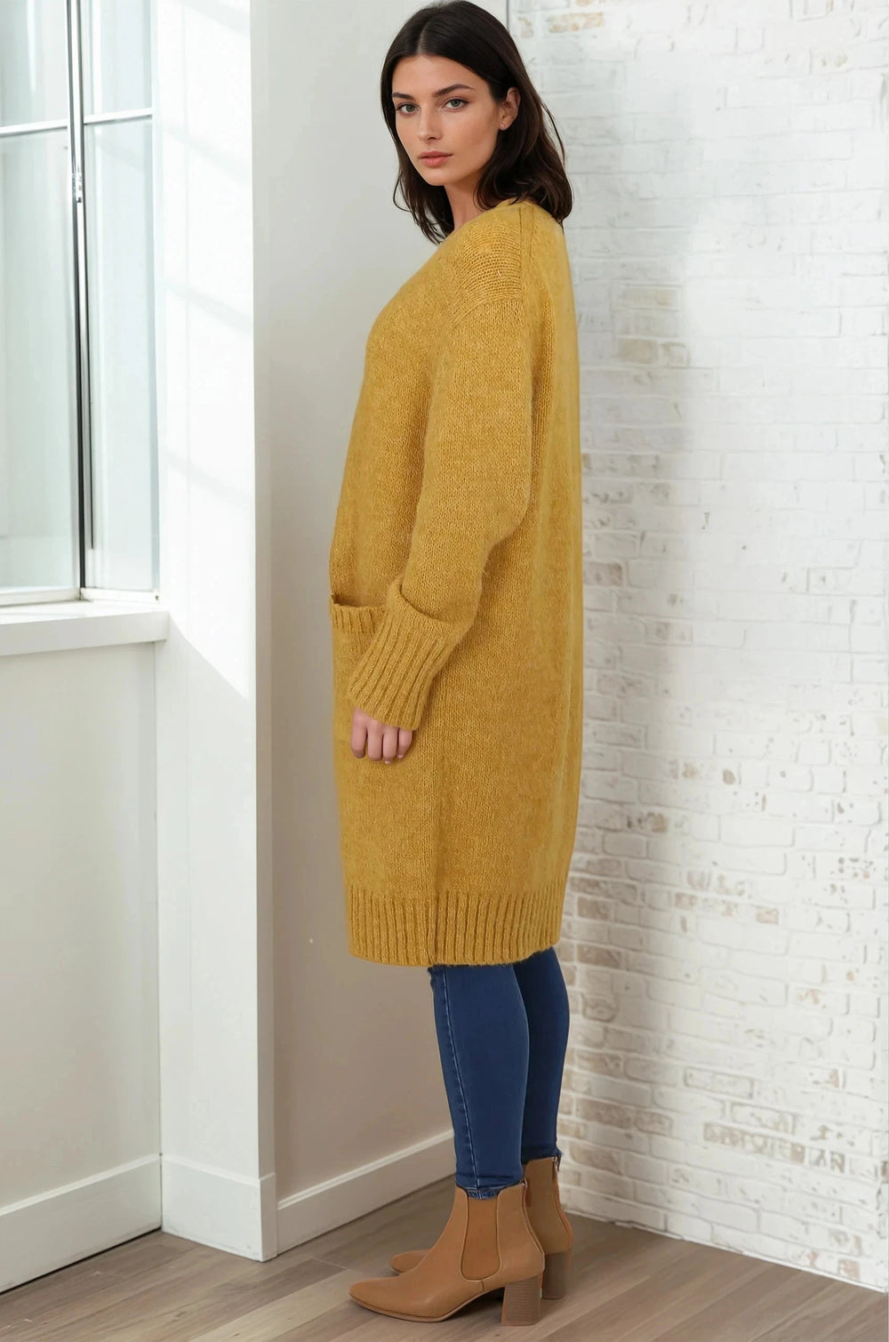 Kartika Cardigan - Long Ribbed Cuff and Hem Cardigan with Pockets in Mustard