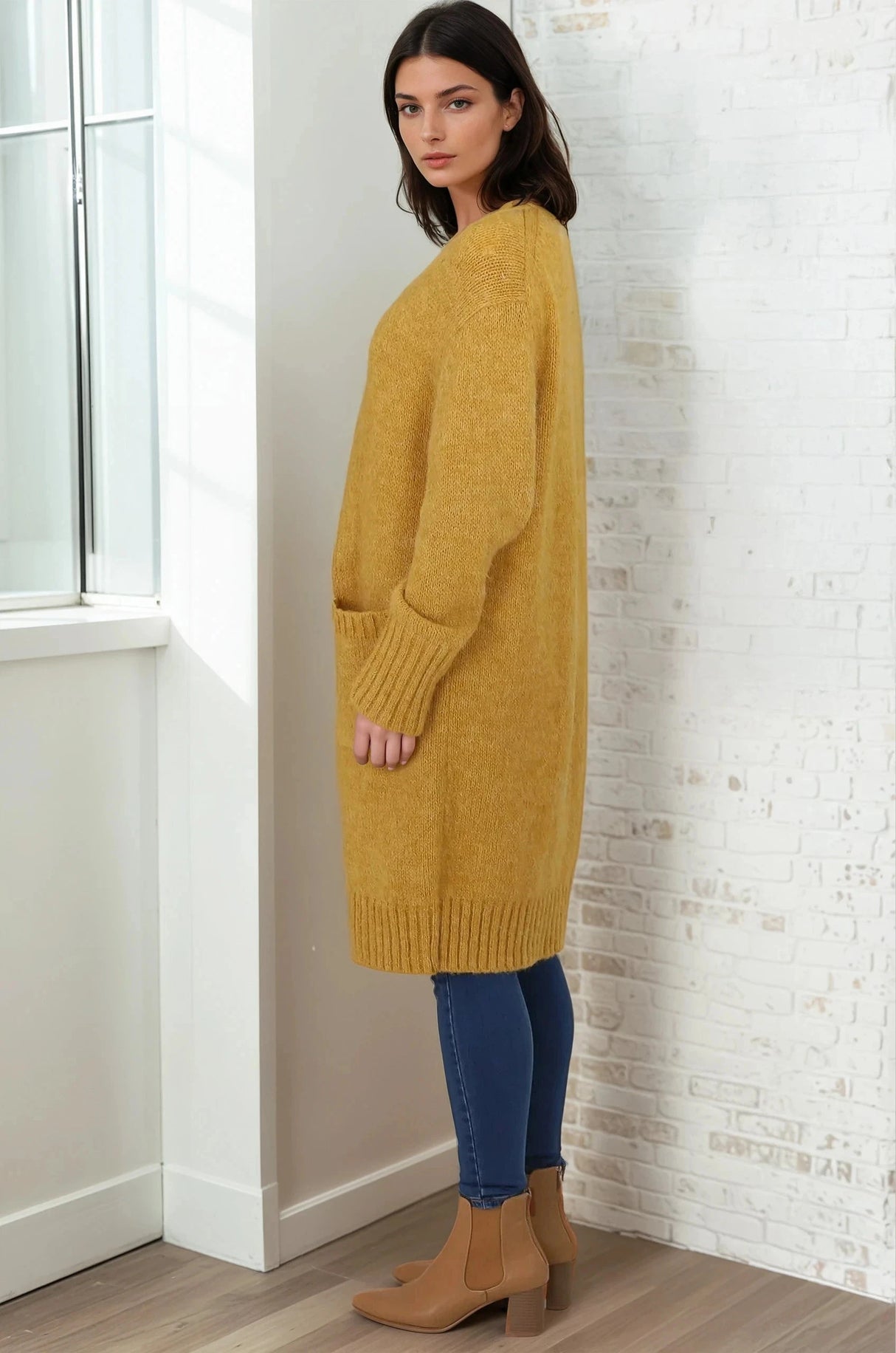 Kartika Cardigan - Long Ribbed Cuff and Hem Cardigan with Pockets in Mustard