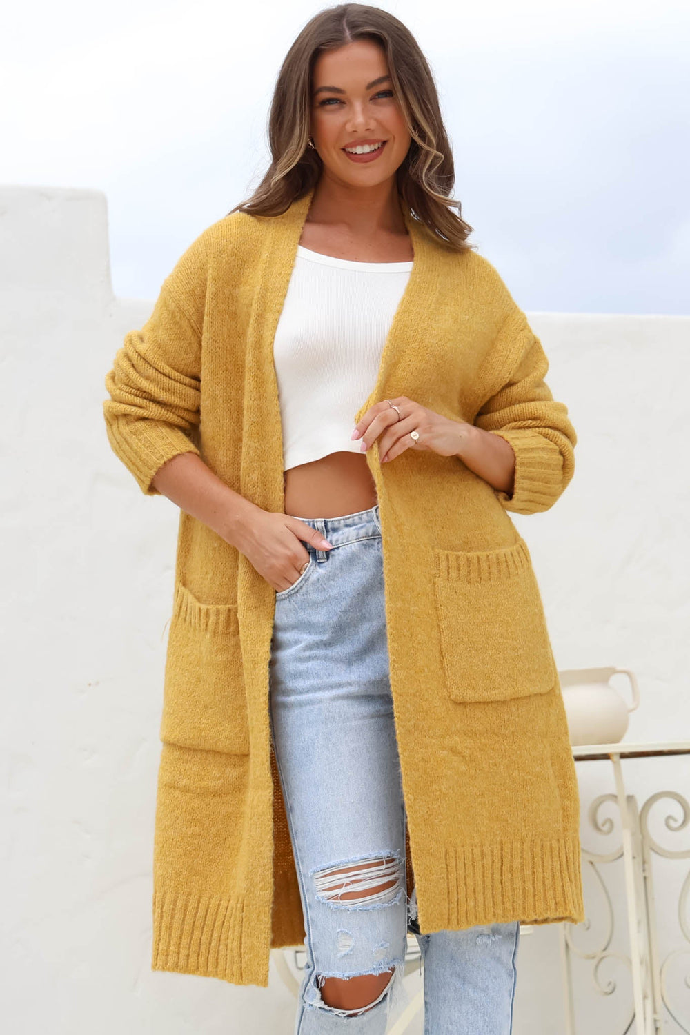 Kartika Cardigan - Long Ribbed Cuff and Hem Cardigan with Pockets in Mustard