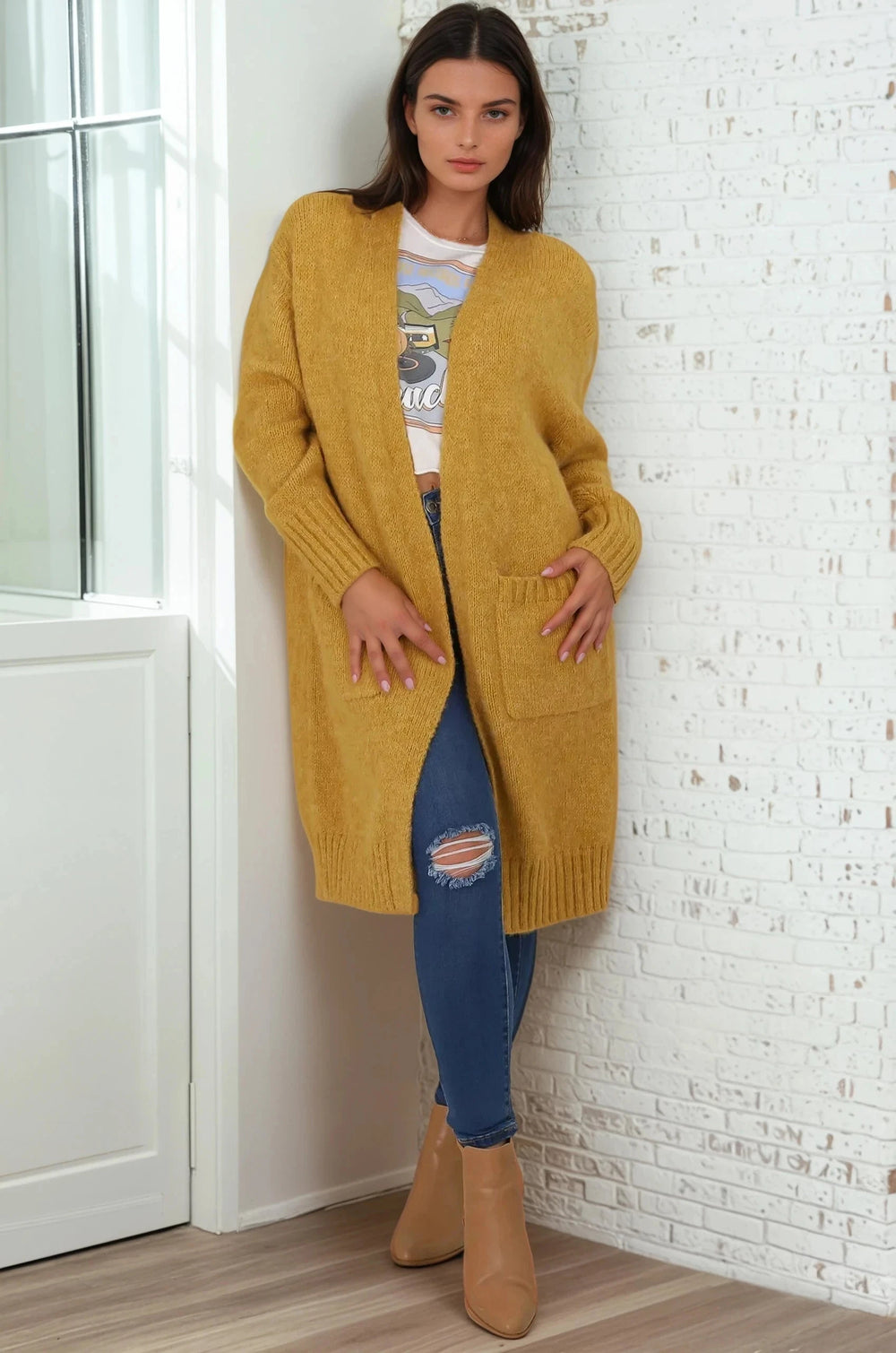 Kartika Cardigan - Long Ribbed Cuff and Hem Cardigan with Pockets in Mustard