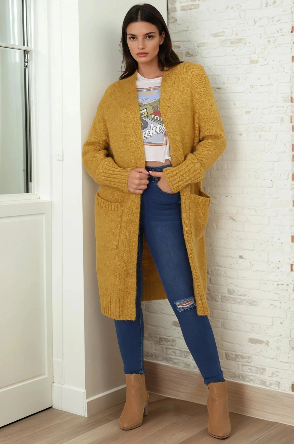 Kartika Cardigan - Long Ribbed Cuff and Hem Cardigan with Pockets in Mustard