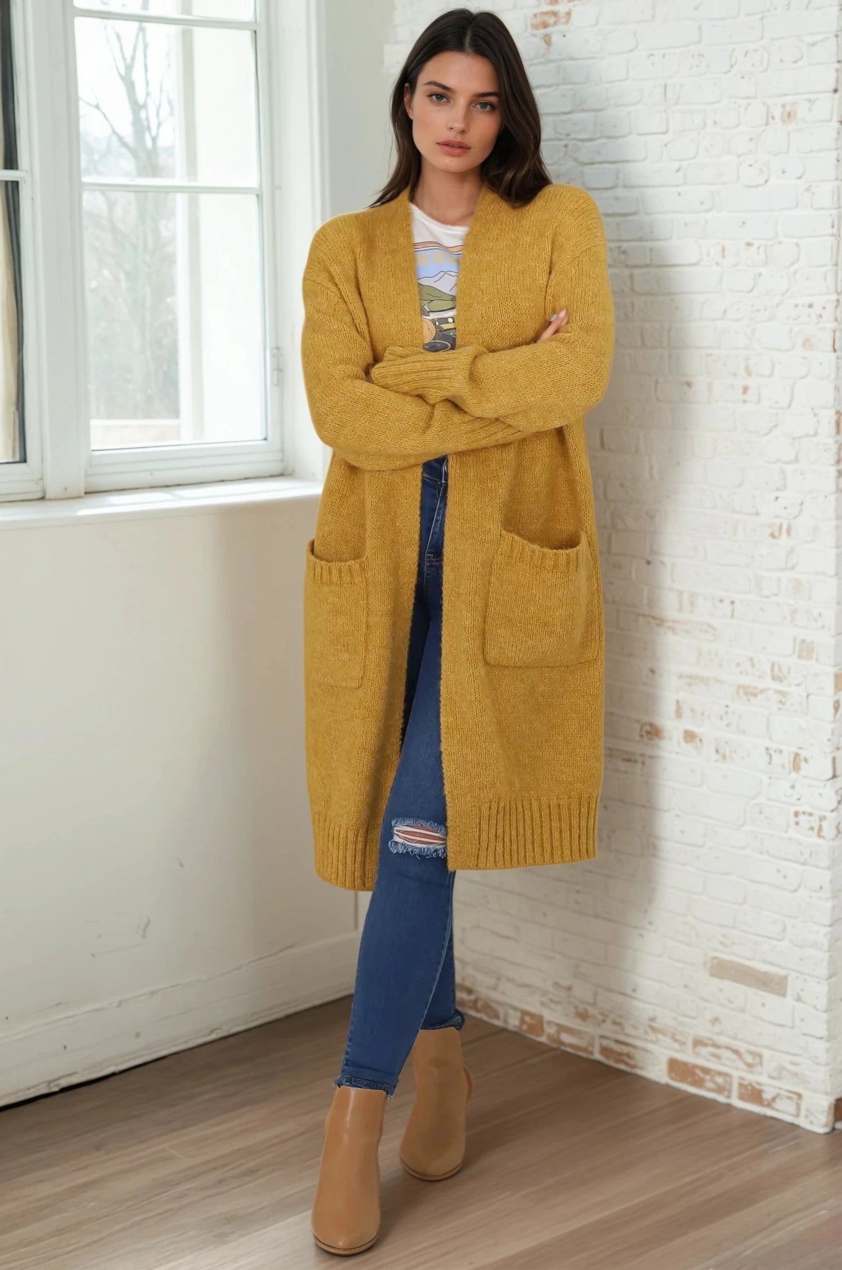 Kartika Cardigan - Long Ribbed Cuff and Hem Cardigan with Pockets in Mustard