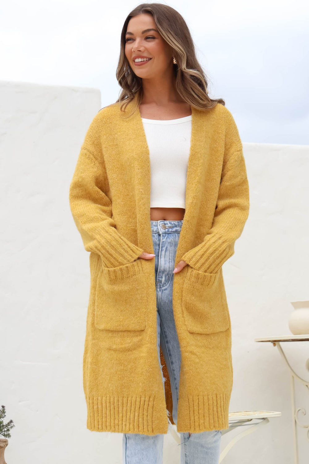 Kartika Cardigan - Long Ribbed Cuff and Hem Cardigan with Pockets in Mustard