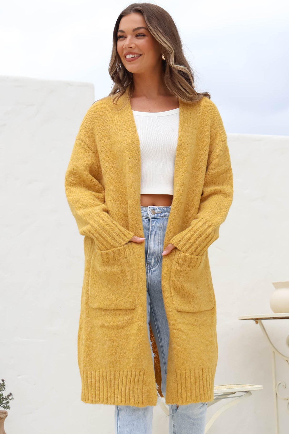 Kartika Cardigan - Long Ribbed Cuff and Hem Cardigan with Pockets in Mustard