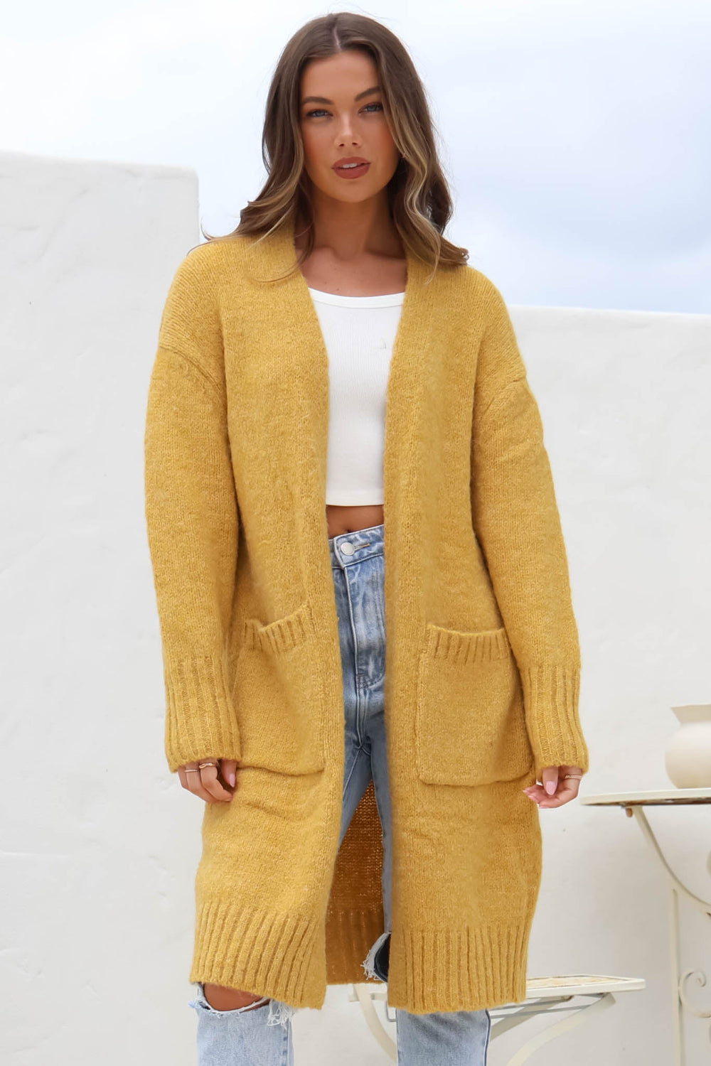 Kartika Cardigan - Long Ribbed Cuff and Hem Cardigan with Pockets in Mustard