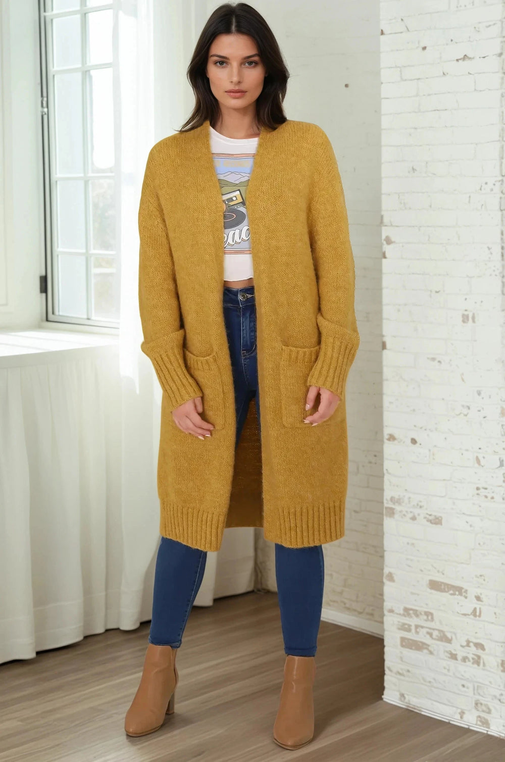 Kartika Cardigan - Long Ribbed Cuff and Hem Cardigan with Pockets in Mustard