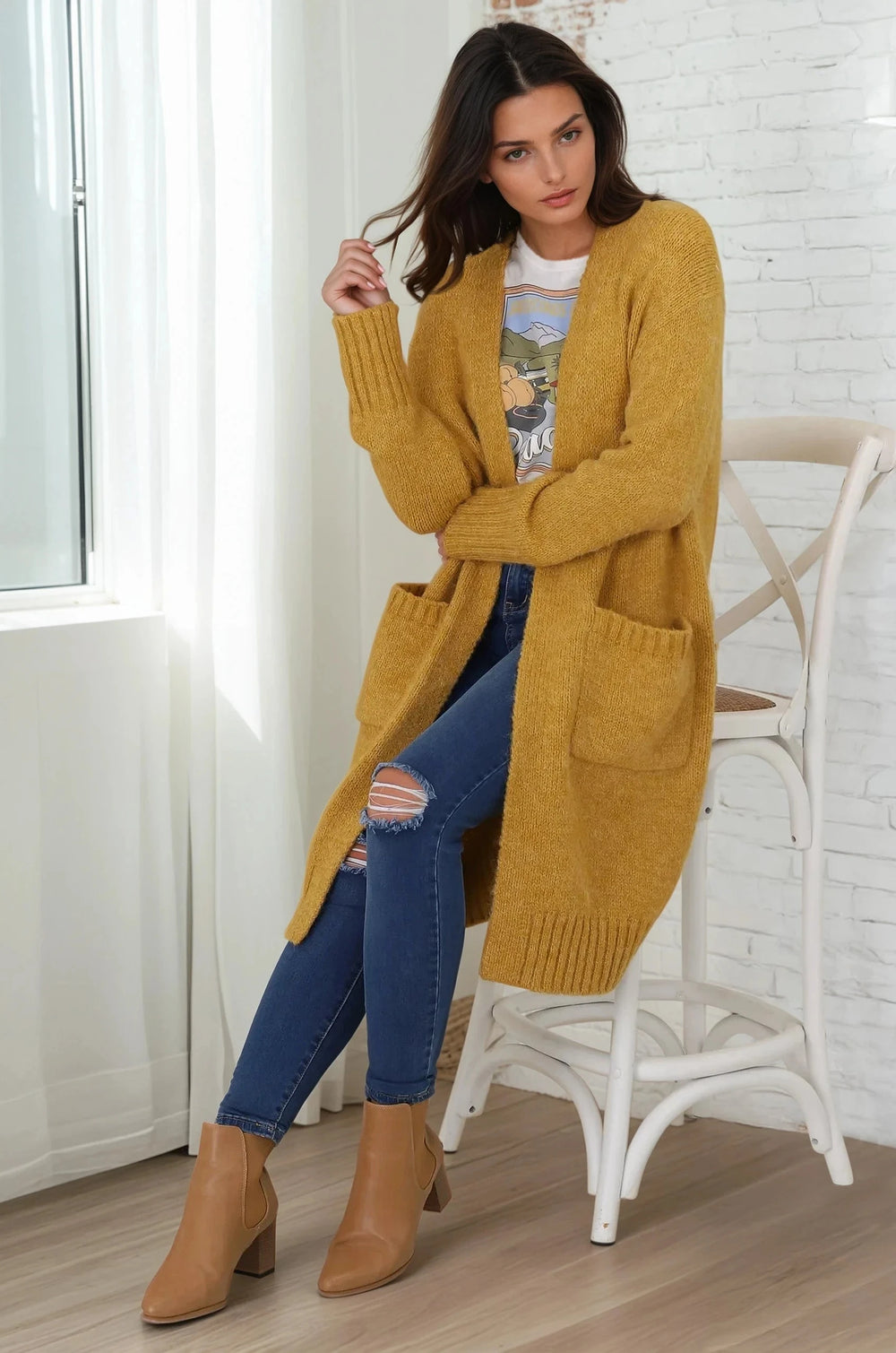 Kartika Cardigan - Long Ribbed Cuff and Hem Cardigan with Pockets in Mustard