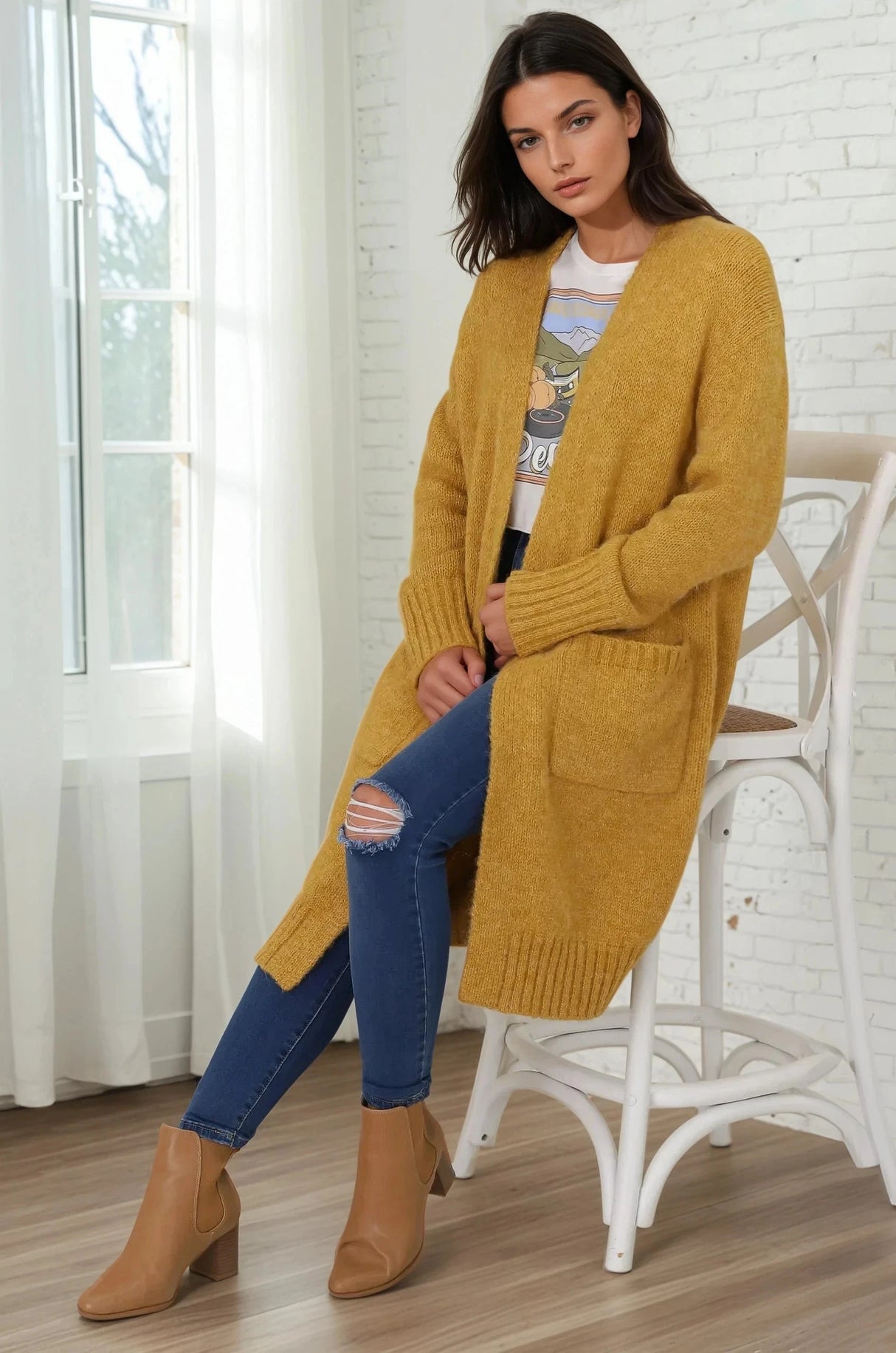Kartika Cardigan - Long Ribbed Cuff and Hem Cardigan with Pockets in Mustard