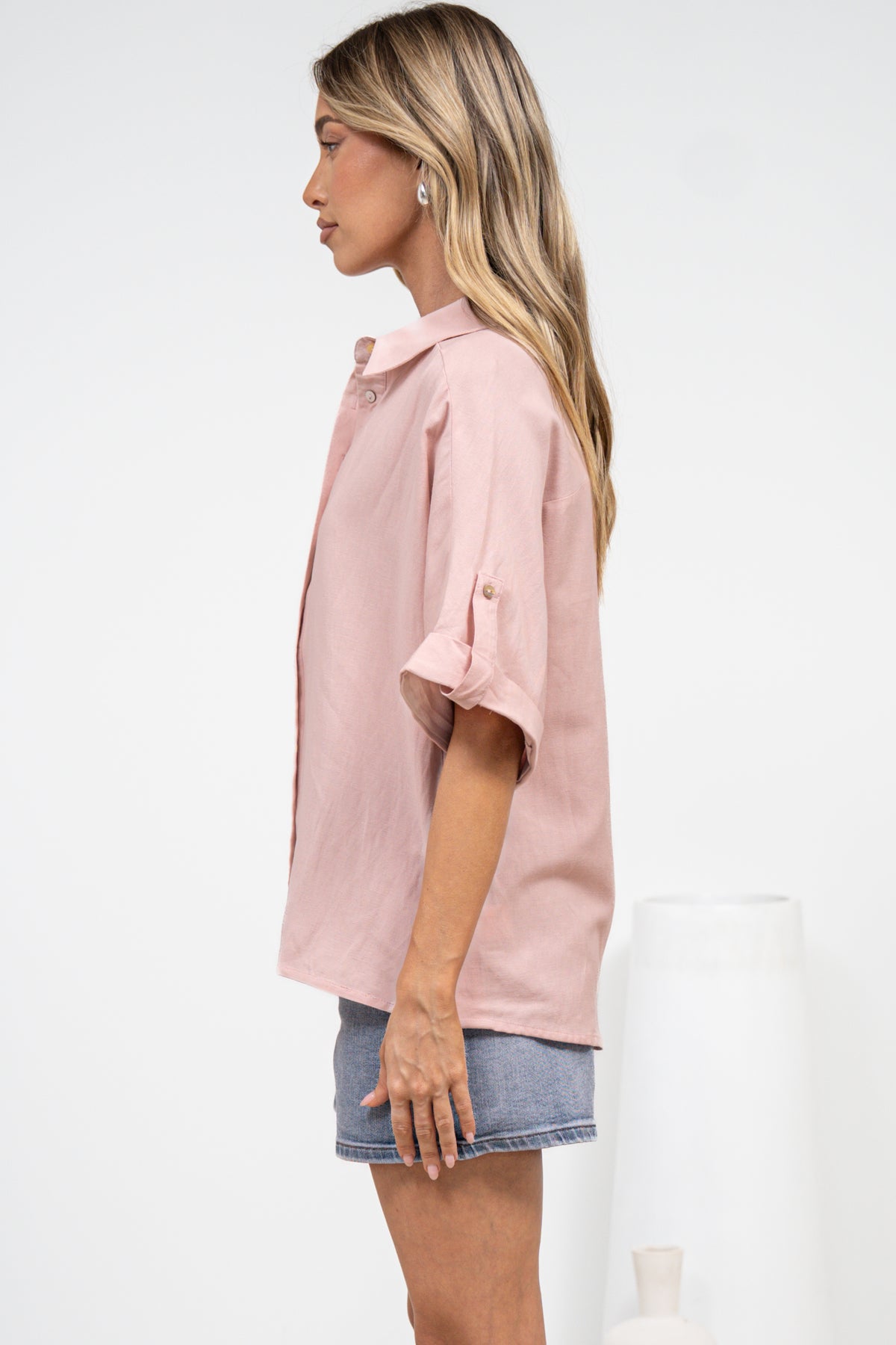 Kawai Shirt - Collared Button Down Shirt with Short Sleeves in Blush