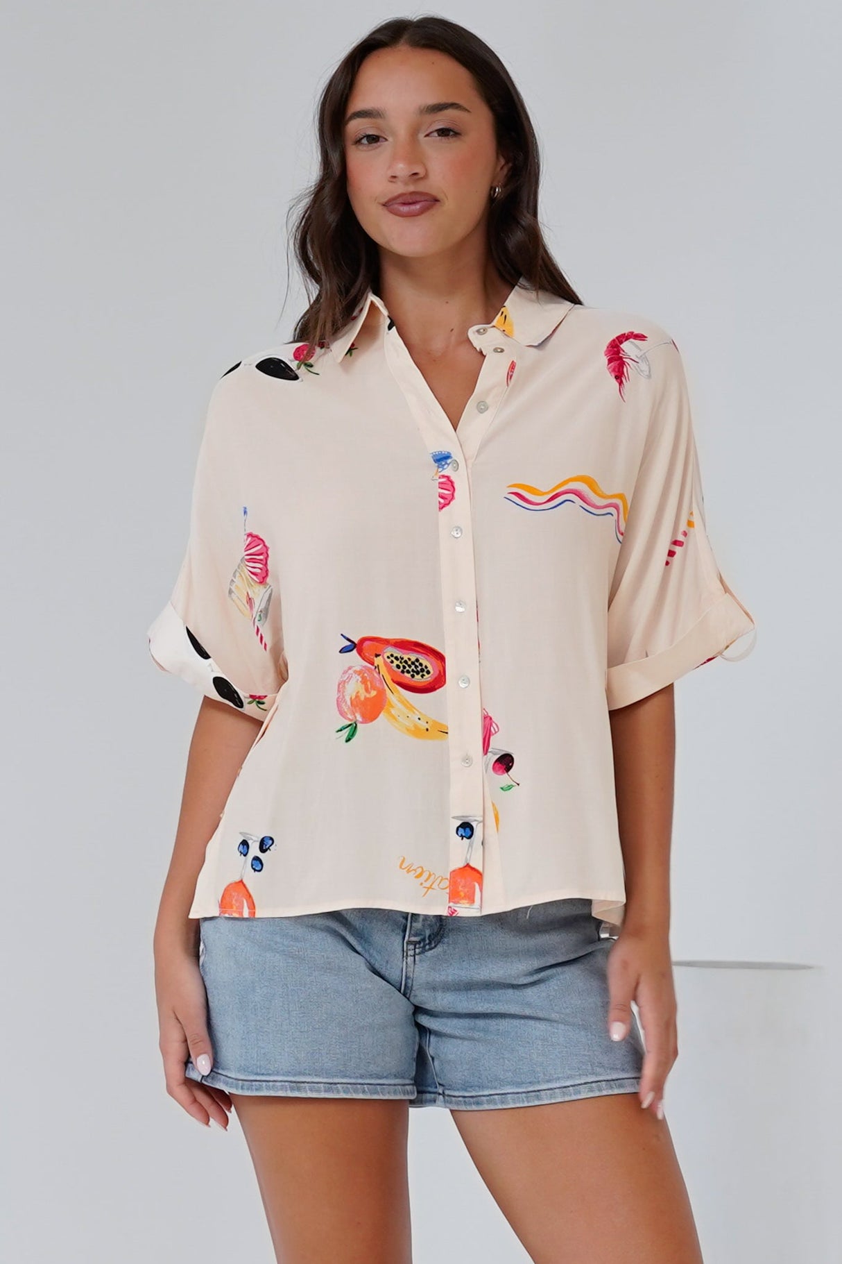 Kawai Shirt - Collared Button Down Shirt with Short Sleeves in Seasons Print