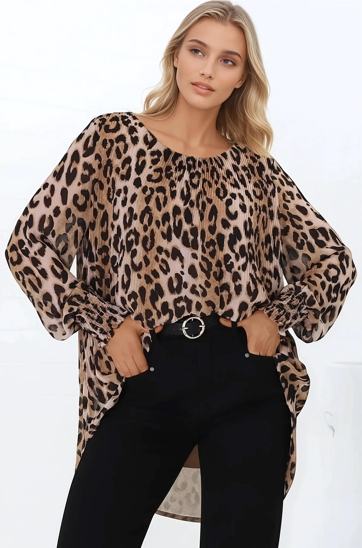 Kayt Blouse - Plisse Long Sleeve Top with High-Low Hemline in Leopard Print