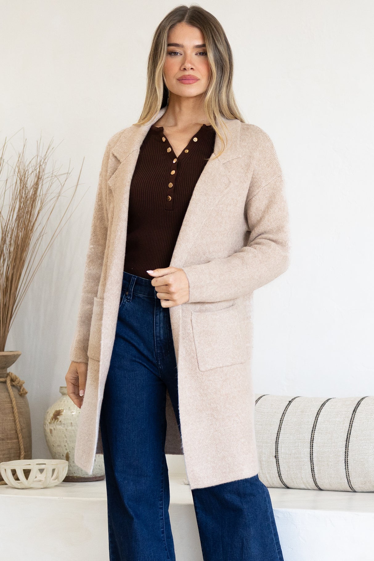 Model wearing Keagan Cardigan in Camel from Salty Crush