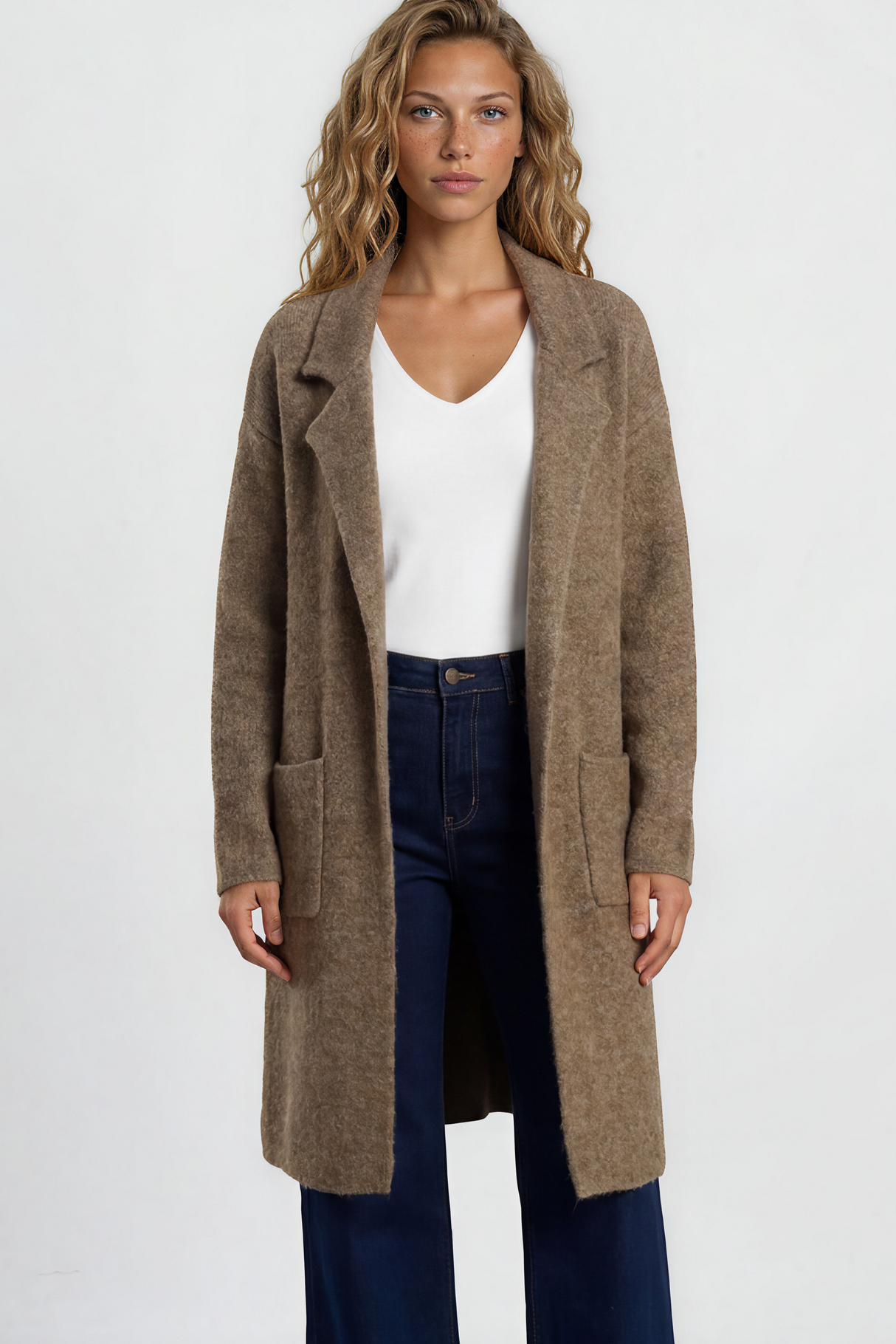 Model wearing Keagan Cardigan in Mocha from Salty Crush