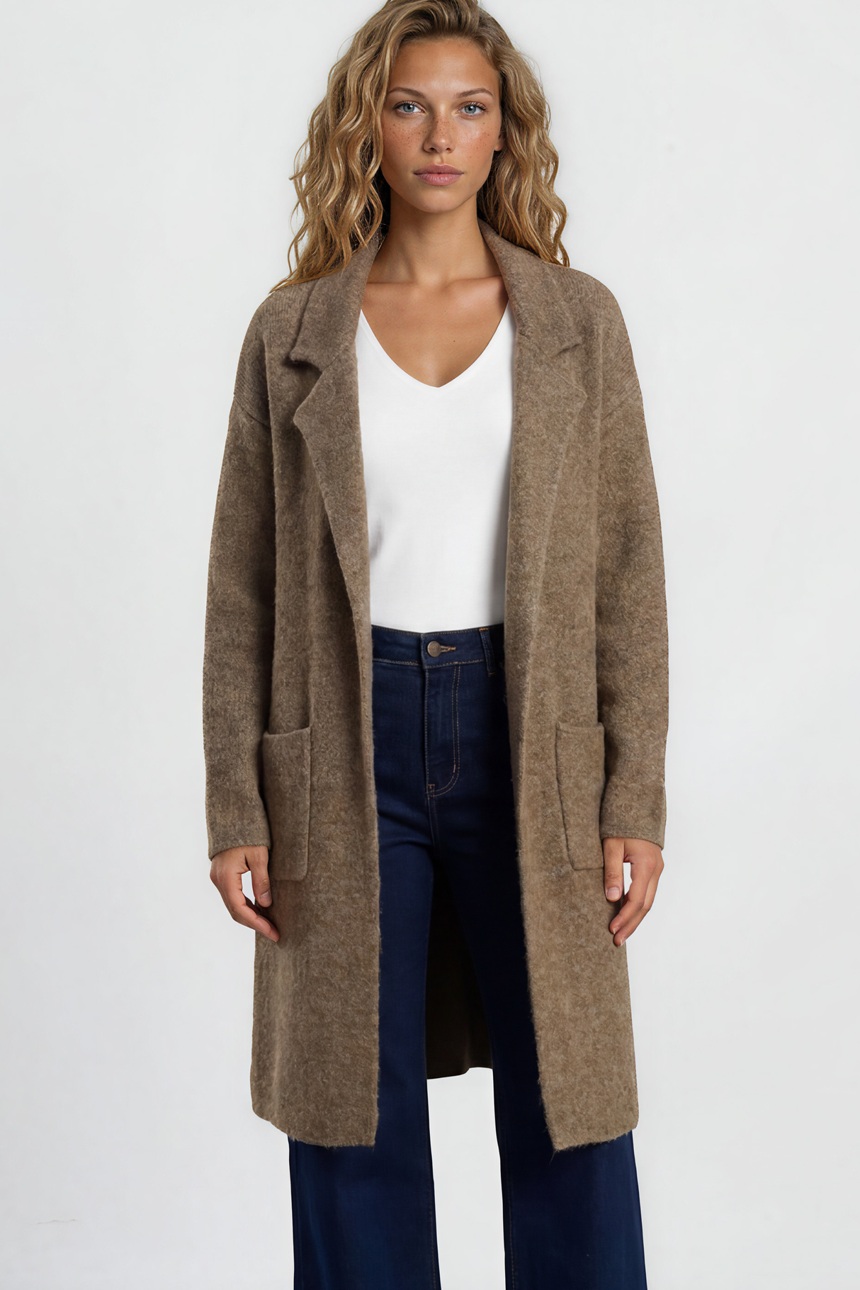 Model wearing Keagan Cardigan in Mocha from Salty Crush