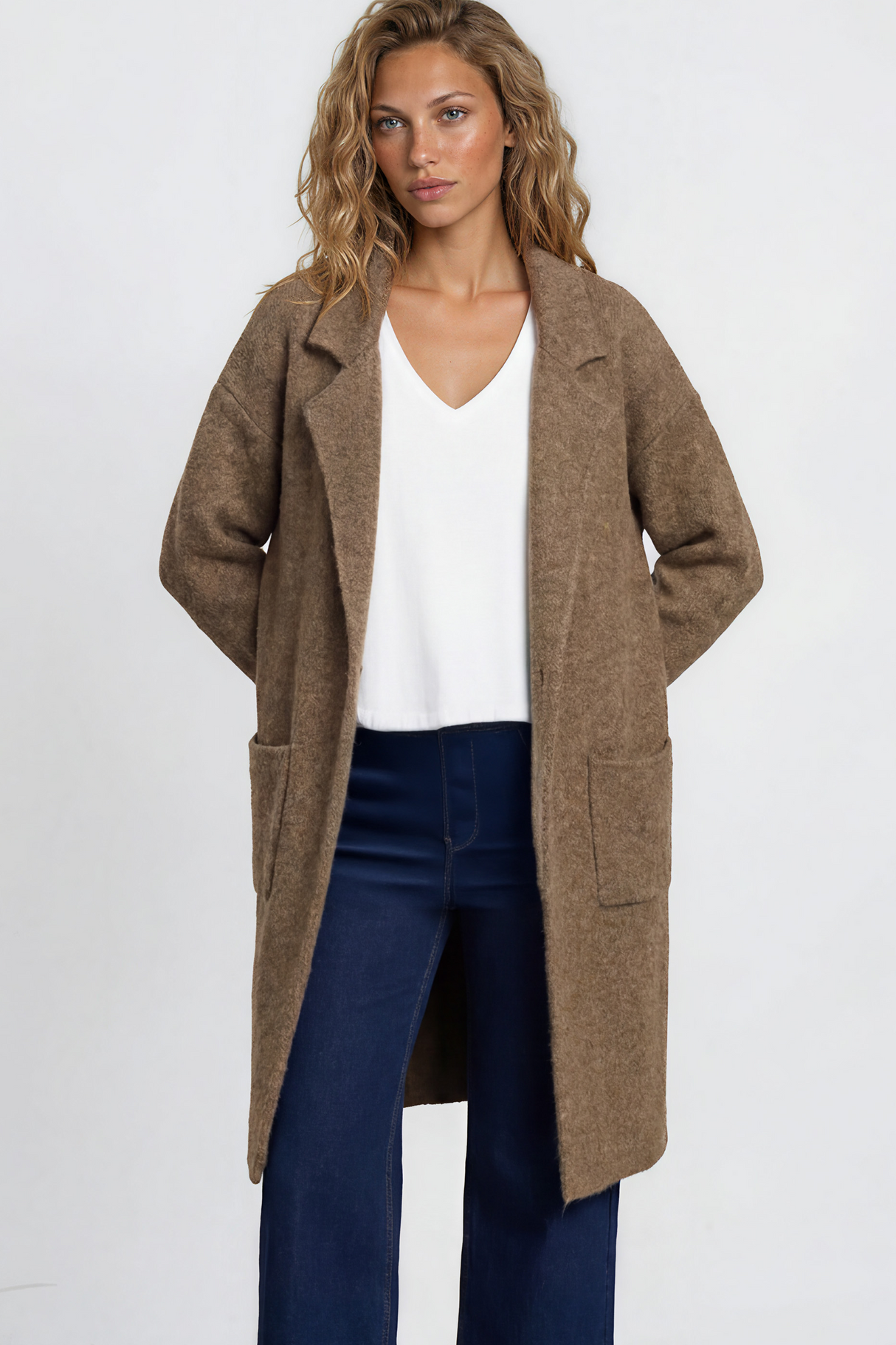 Model wearing Keagan Cardigan in Mocha from Salty Crush