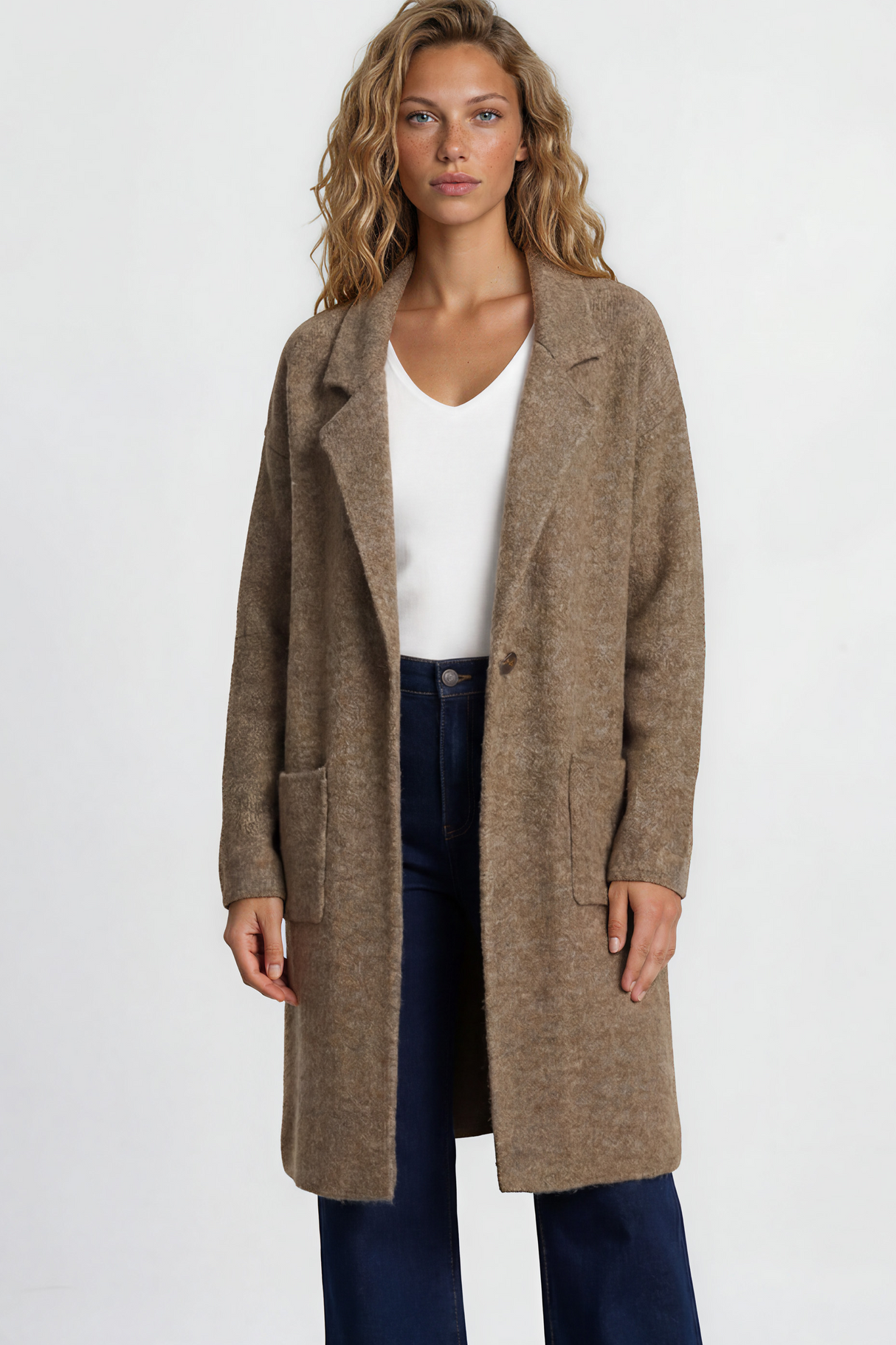 Model wearing Keagan Cardigan in Mocha from Salty Crush