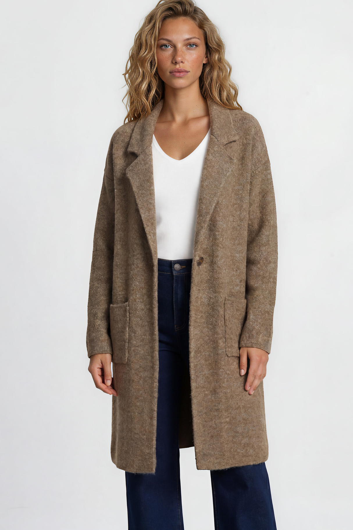 Model wearing Keagan Cardigan in Mocha from Salty Crush