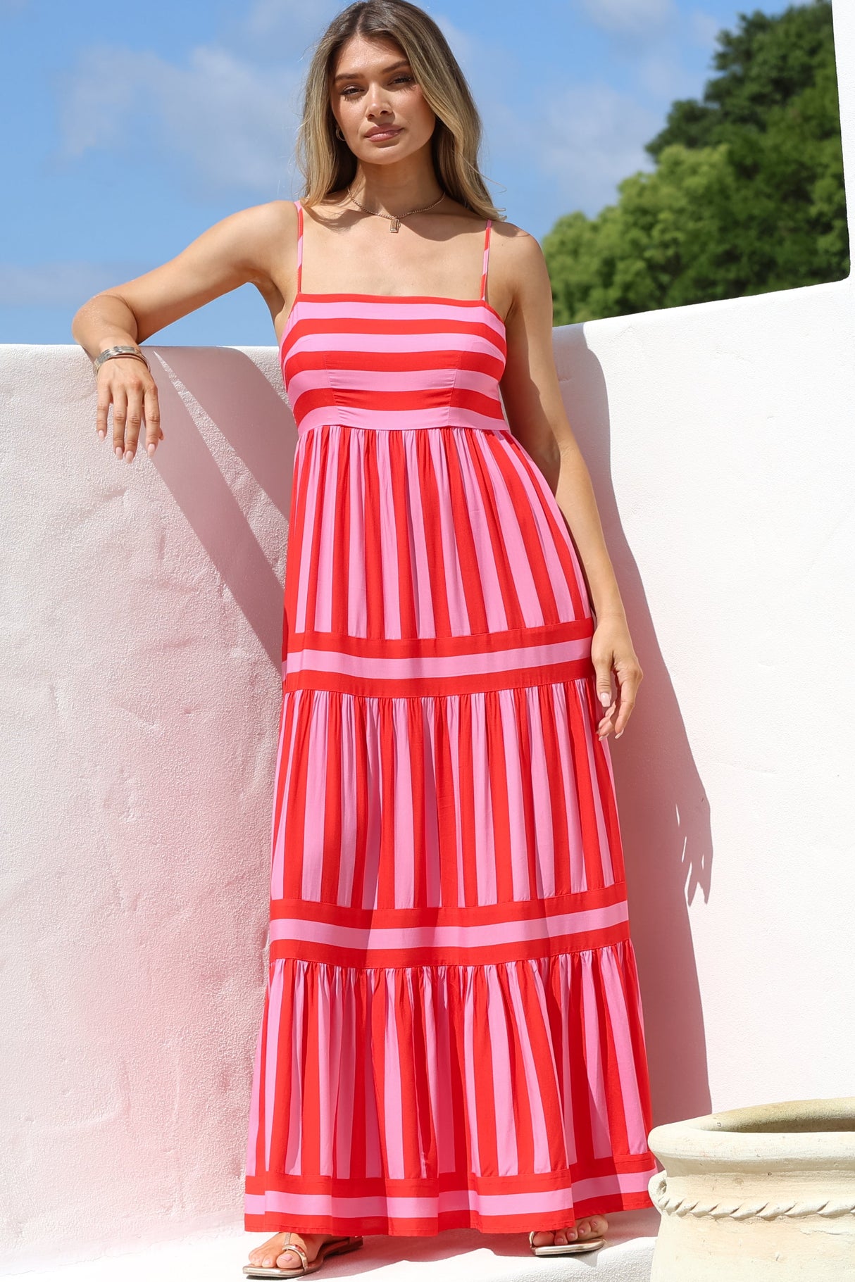 Kelis Maxi Dress - Adjustable Strap Sun Dress with Pockets in Bandi Stripe Pink