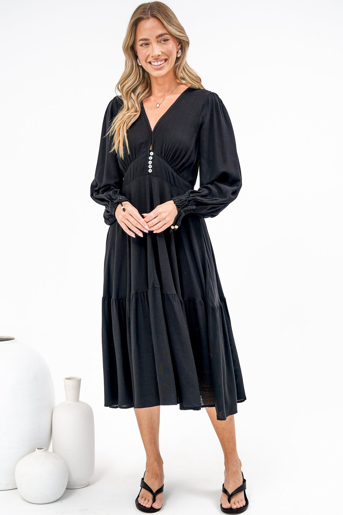 Kella Midi Dress - V Neck Long Sleeve A Line Tiered Dress in Black