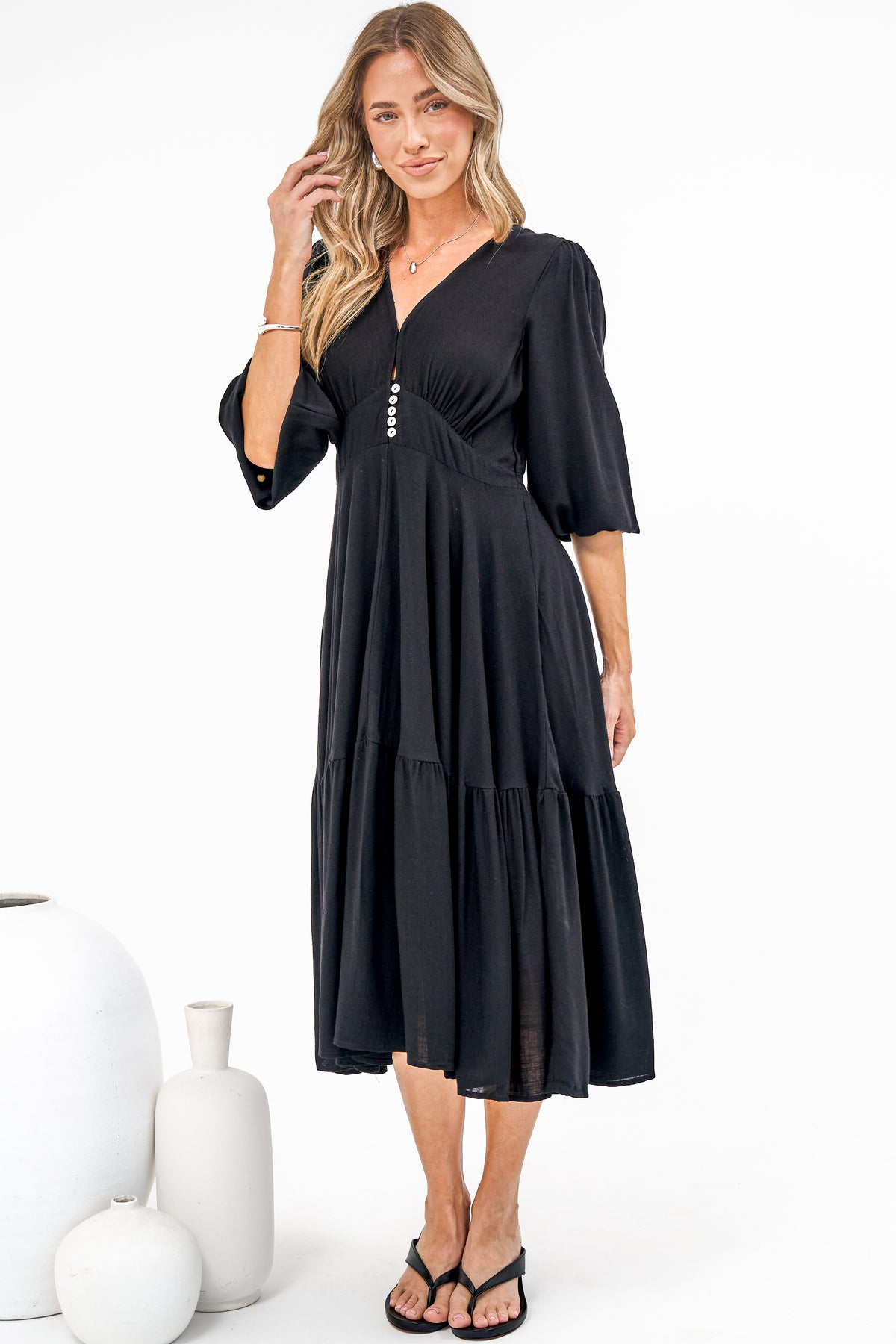 Kella Midi Dress - V Neck Long Sleeve A Line Tiered Dress in Black