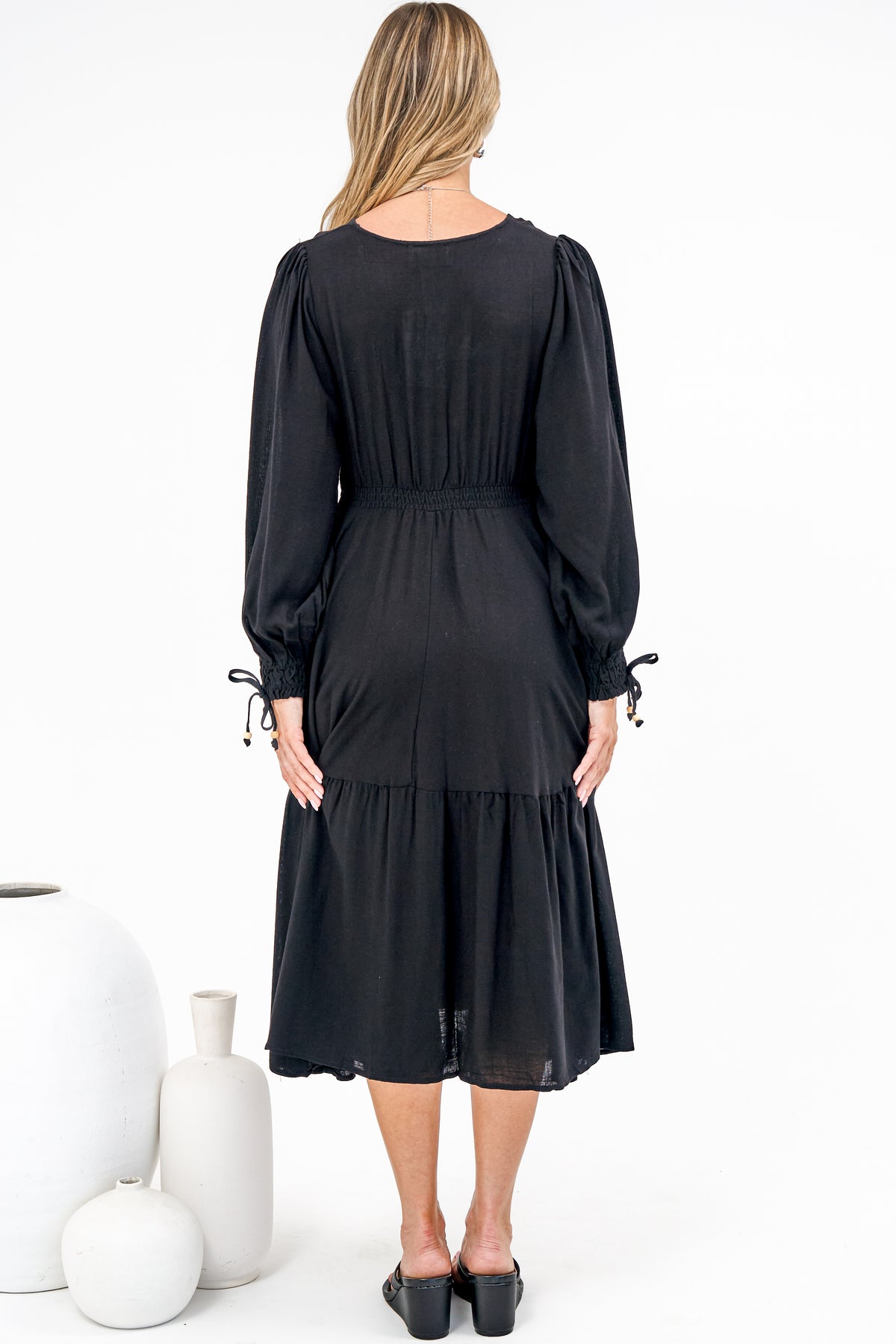 Kella Midi Dress - V Neck Long Sleeve A Line Tiered Dress in Black