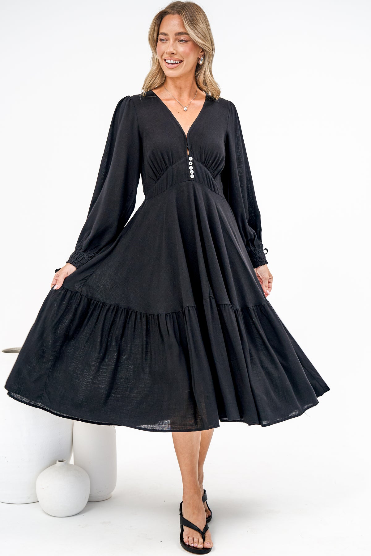 Kella Midi Dress - V Neck Long Sleeve A Line Tiered Dress in Black
